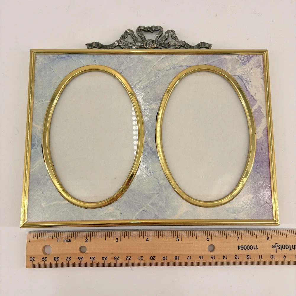 Burnes Vintage Double Picture Frame Marbled Blue Purple Gold‎ Tone Bow Detail